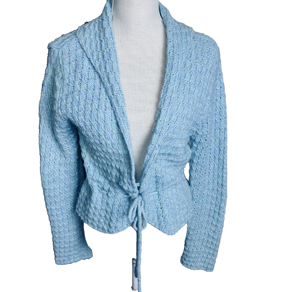 BCBGMaxAzria Light Blue Wool blend Cardigan Sweater sz L tie front textured knit